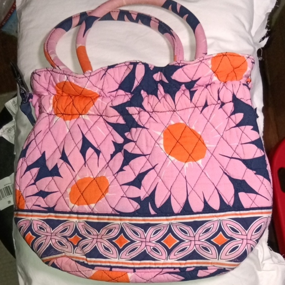 Vera Bradley Pink Floral Quilted Tote with Orange and Navy Accents